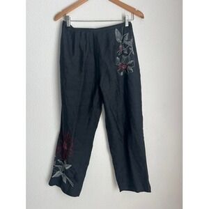 ANNE CARSON Black Embroidered‎ Silk Blend Pants Size 8 Floral Beaded